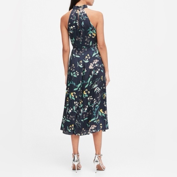 Banana Republic Dress Halter Floral Satin Midi Navy Blue High Neck Ruffle 0P - Picture 3 of 13